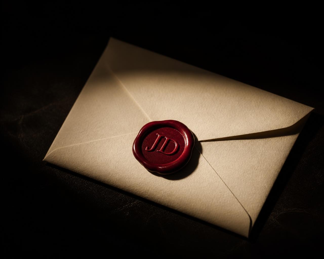 Cream envelope sealed with the burgundy JD wax seal